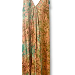 Abito Misto Seta Tg Unica Elasticizzato con dettagli floreali e Laccetti toni ARANCIO VERDE