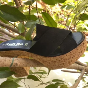 Kukka 5985 ciabatta doppia fascia incrociata nero con fondo sughero