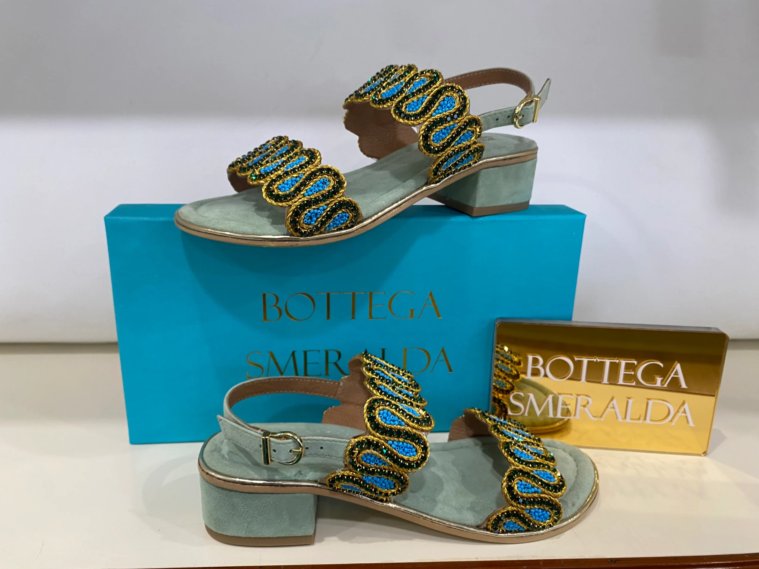 Bottega Smeralda 583SSQ sandalo due fasce con strass in pelle verde acqua - immagine 3