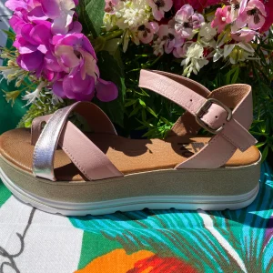 Bueno E3404 sandalo infradito con cinturino e zeppa in pelle rosa/oro