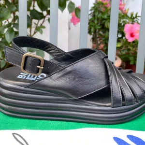 Bueno E3201 sandalo doppia fascia con cinturino e zeppa platform in pelle nero