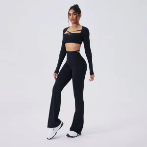 Completo Pantaloni Evasé a Vita Alta Slim-Fit con Maniche Lunghe e Scollo Rotondo Color-Block