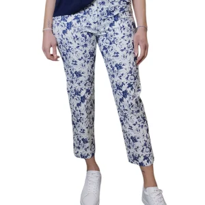 Pantalone Bagarry in Viscosa Stretch com Motivo Floreale Bianco e Blu 3936-14