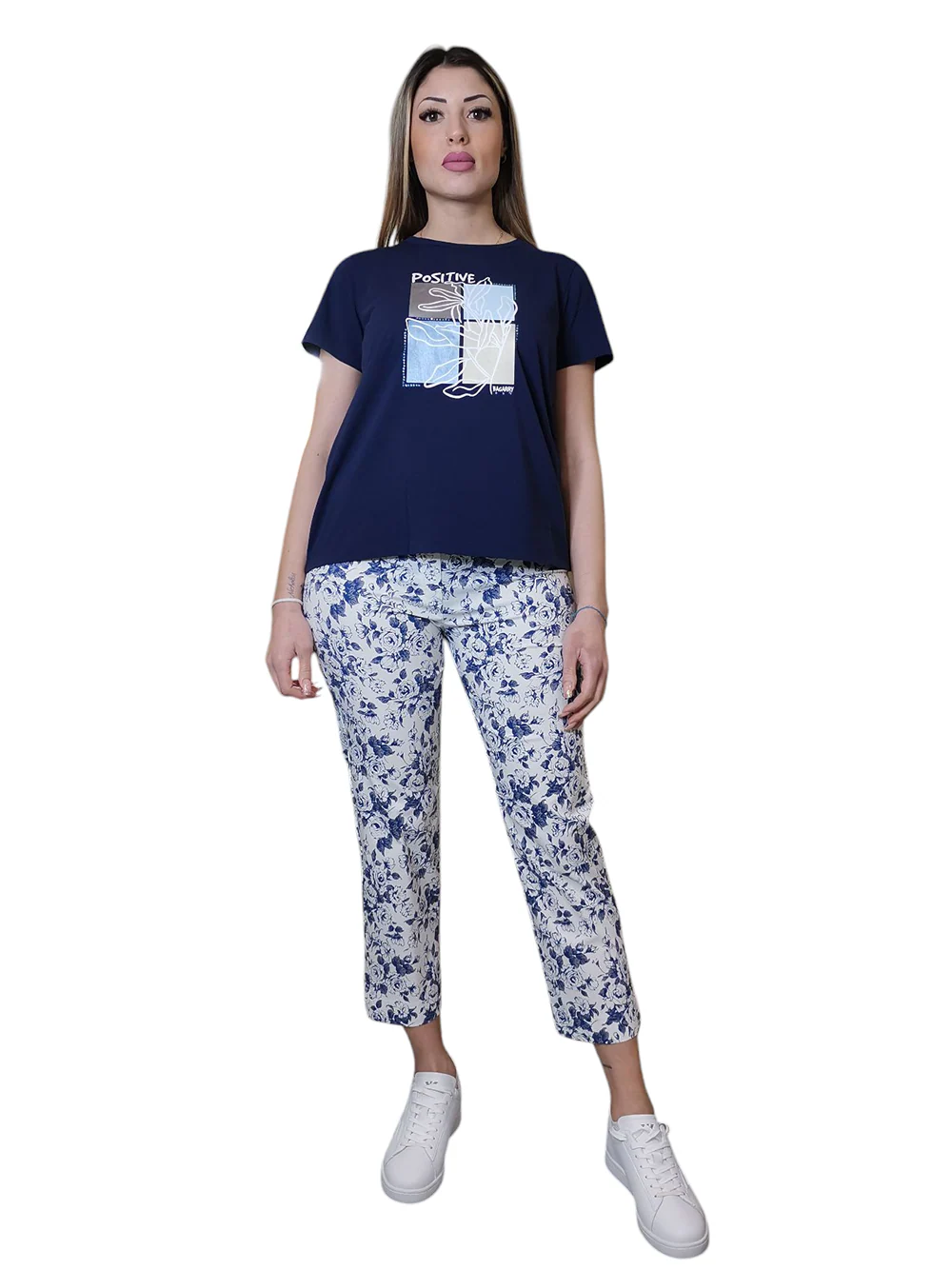 Pantalone Bagarry in Viscosa Stretch com Motivo Floreale Bianco e Blu 3936-14 - immagine 5