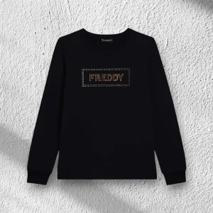 Felpa Freddy in Cotone Stretch Nero Girocollo Con Scritta Strass F25WCXS5