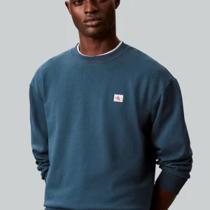 Felpa Calvin Klein Girocollo in Cotone Garzato Blu Petrolio con Logo Piccolo LV04RC273G