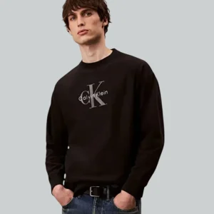 Felpa Calvin Klein Girocollo in Cotone Garzato Nero con Logo Grafico LV04RD234G