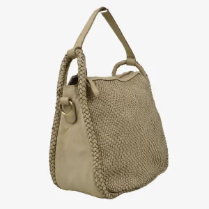 Borsa Intrecciata a Mano Quadrata Taupe Vera Pelle Nappa con Tracolla