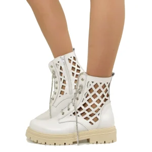 Stivaletti Donna Biker Bianchi in Pelle Traforata Made in Italy