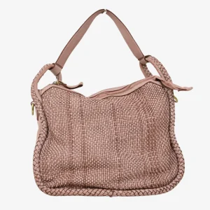 Borsa Intrecciata a Mano Quadrata Cipria in Pelle Nappa con Tracolla