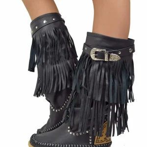 Indianini con Frange Vera Pelle Neri Fibbia Laterale Firmati KikkiLine Tallonetta Cuoio