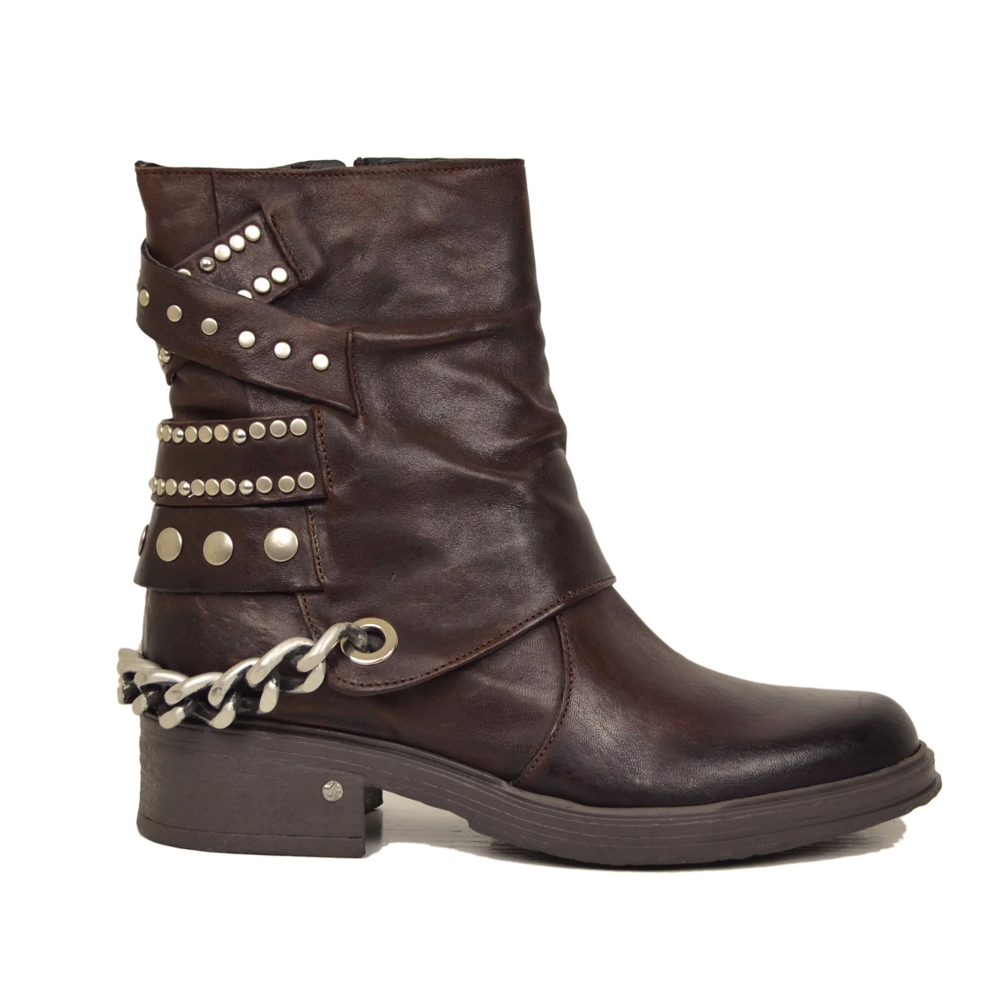 Stivaletti Donna Marroni in Pelle con Catena e Borchie Made in Italy - immagine 3