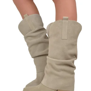 Texani con Gambale Largo e Ghetta Morbida Pelle Scamosciata Tacco 7 cm Beige