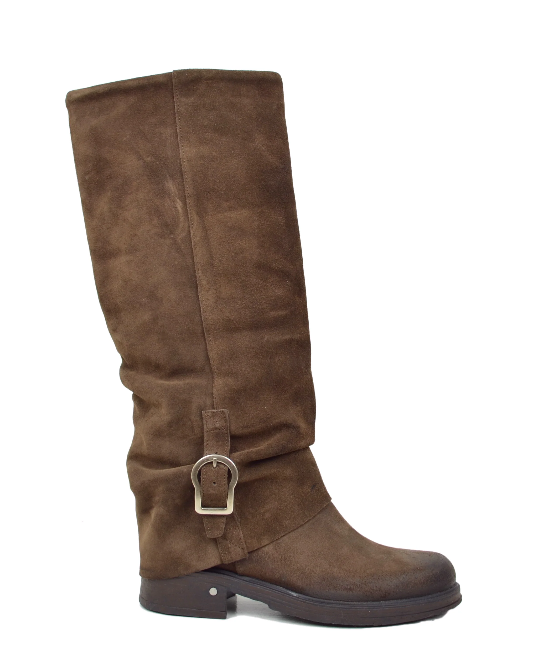 Stivali Biker Con Ghetta Fibbia Pelle Scamosciata Cioccolato Marroni KikkiLine - immagine 3