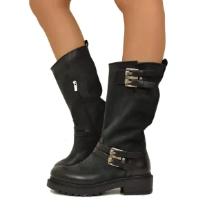 Biker boots Pelle Nabuk Stivaletti Altezza Media con Zip Neri