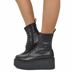 Stivaletti Platform di 7 cm Vera Pelle Morbidi Chunky Boots Neri