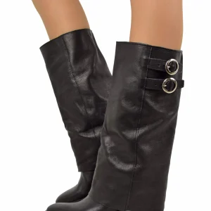 Stivali con Ghetta Punta Tonda Tacco Alto 8 cm Vera Pelle Neri