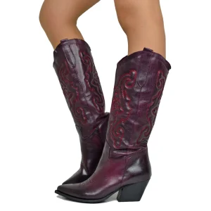 Stivali Texani Vinaccia in Pelle Gambale Cucito Tacco Medio