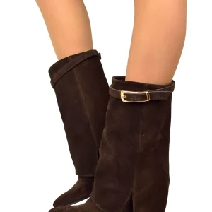 Stivaletti con Ghetta e Fibbia Dorata Zeppa Alta 9 Cm in Pelle Scamosciata Marrone