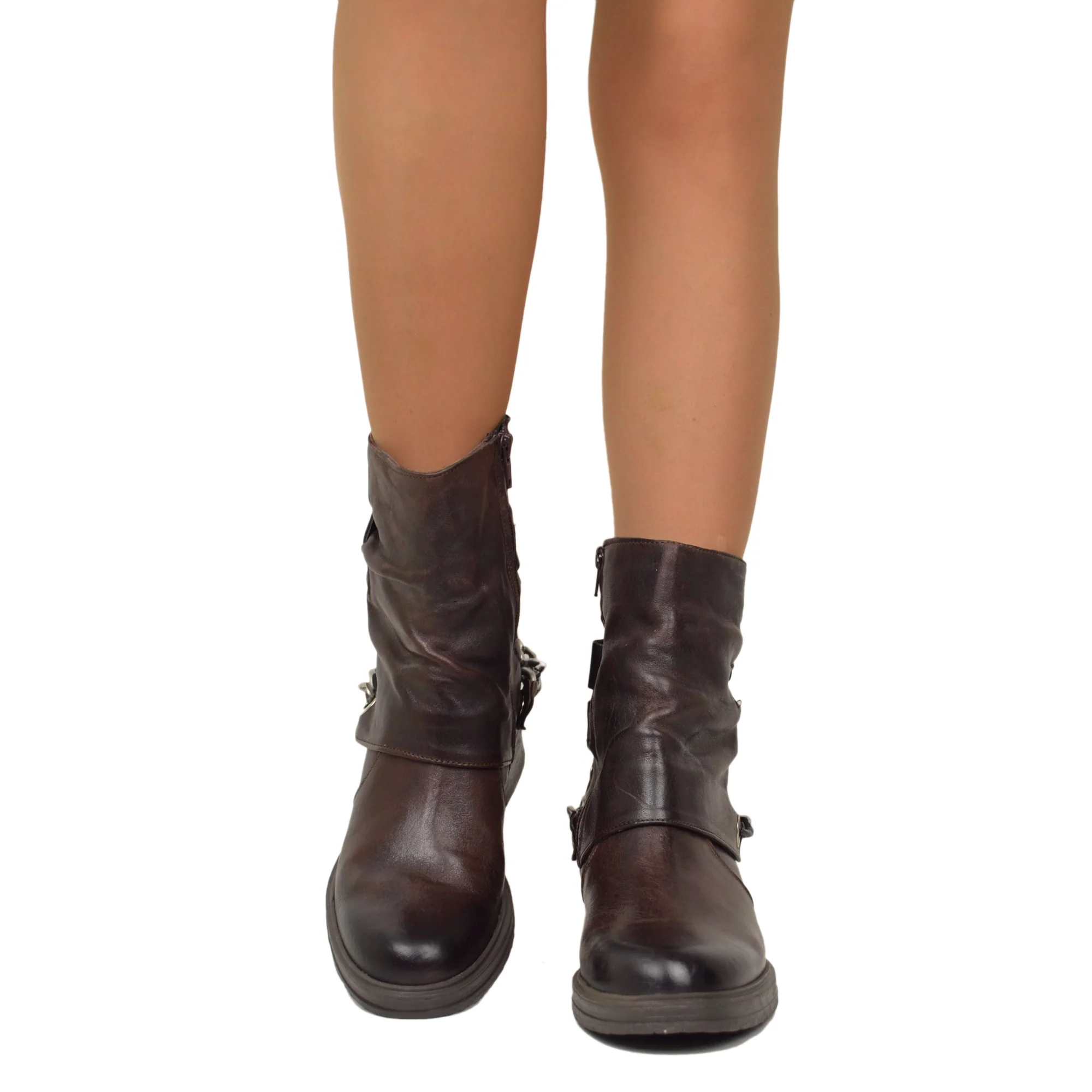 Stivaletti Donna Marroni in Pelle con Catena e Borchie Made in Italy - immagine 4