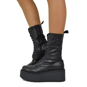 Stivaletti Platform di 7 cm Vera Pelle Morbidi Chunky MIDI Boots Neri