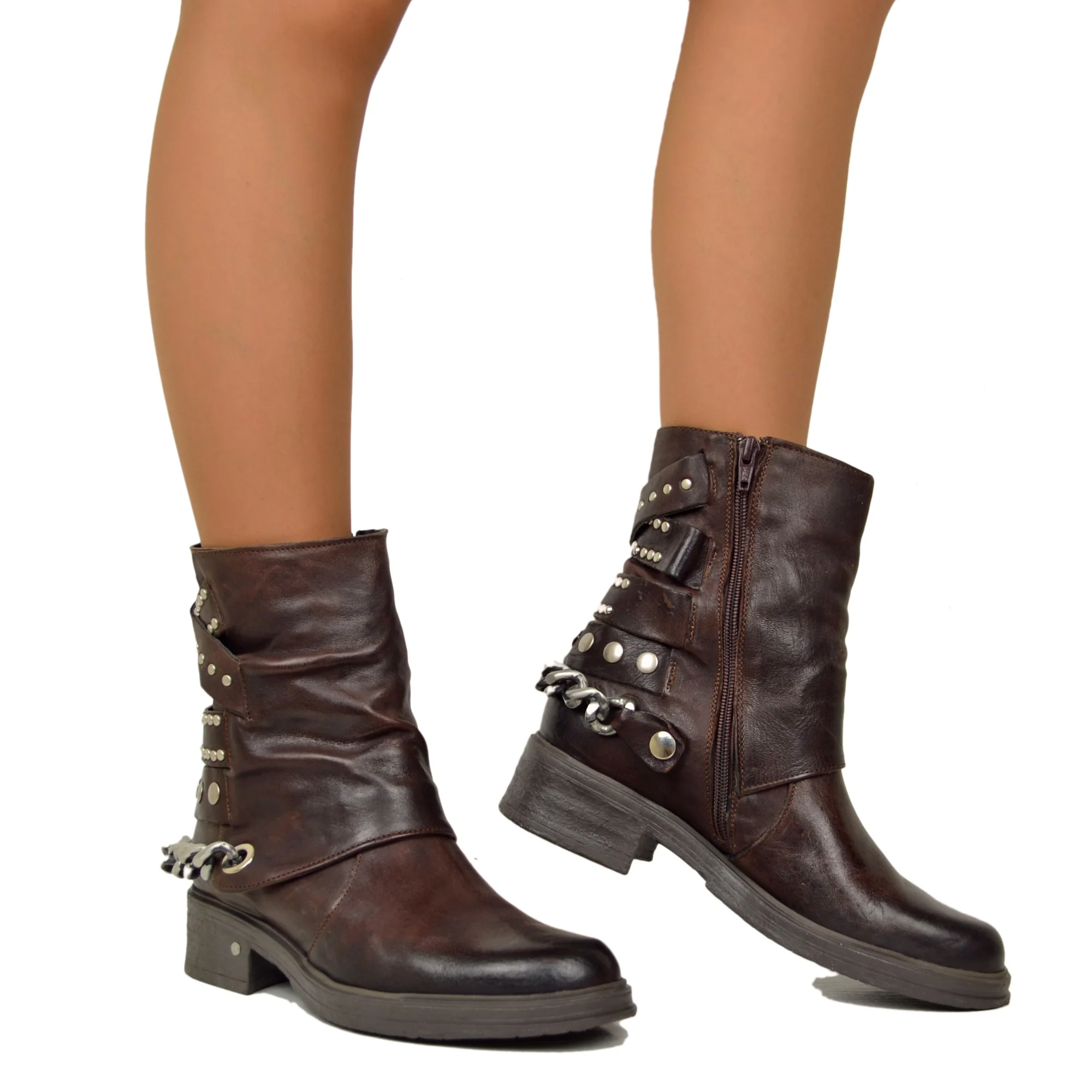 Stivaletti Donna Marroni in Pelle con Catena e Borchie Made in Italy - immagine 5