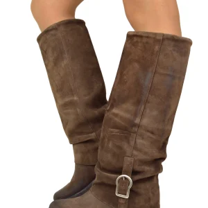 Stivali Biker Con Ghetta Fibbia Pelle Scamosciata Cioccolato Marroni KikkiLine