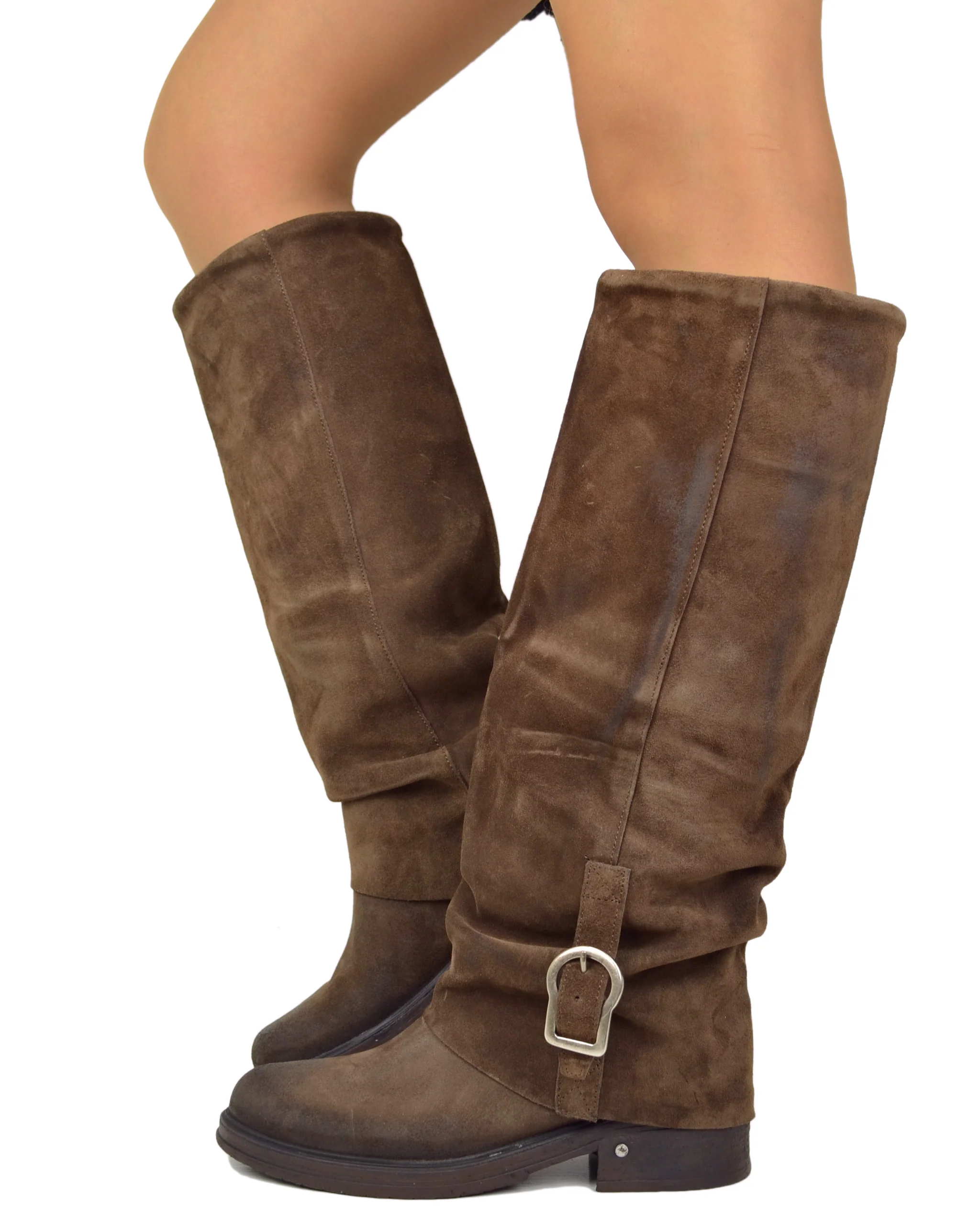 Stivali Biker Con Ghetta Fibbia Pelle Scamosciata Cioccolato Marroni KikkiLine - immagine 2