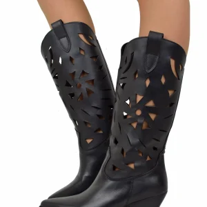 Texani Estivi Traforati a Fiore Tacco 7 cm Vera Pelle Neri Nuova Collezione