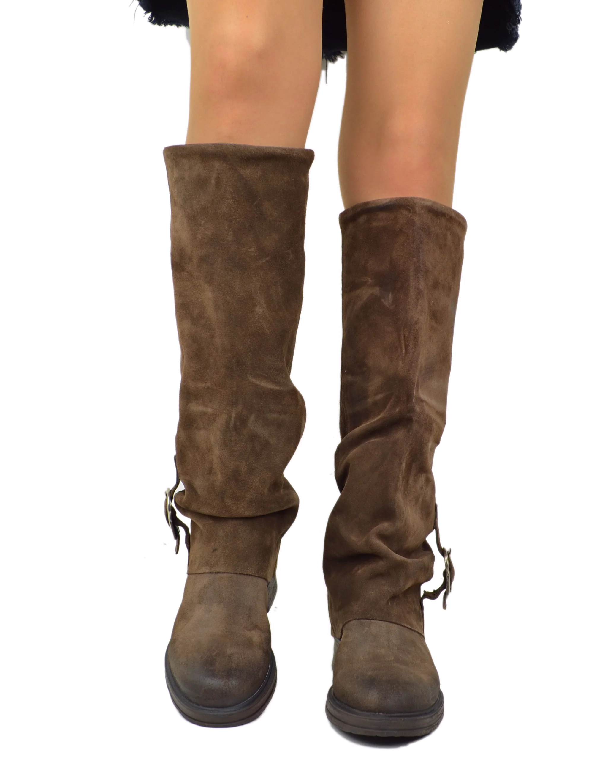 Stivali Biker Con Ghetta Fibbia Pelle Scamosciata Cioccolato Marroni KikkiLine - immagine 5