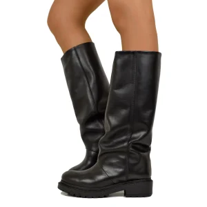 Biker Moto Neri Alti con Ghetta in Vera Pelle Fondo in Gomma