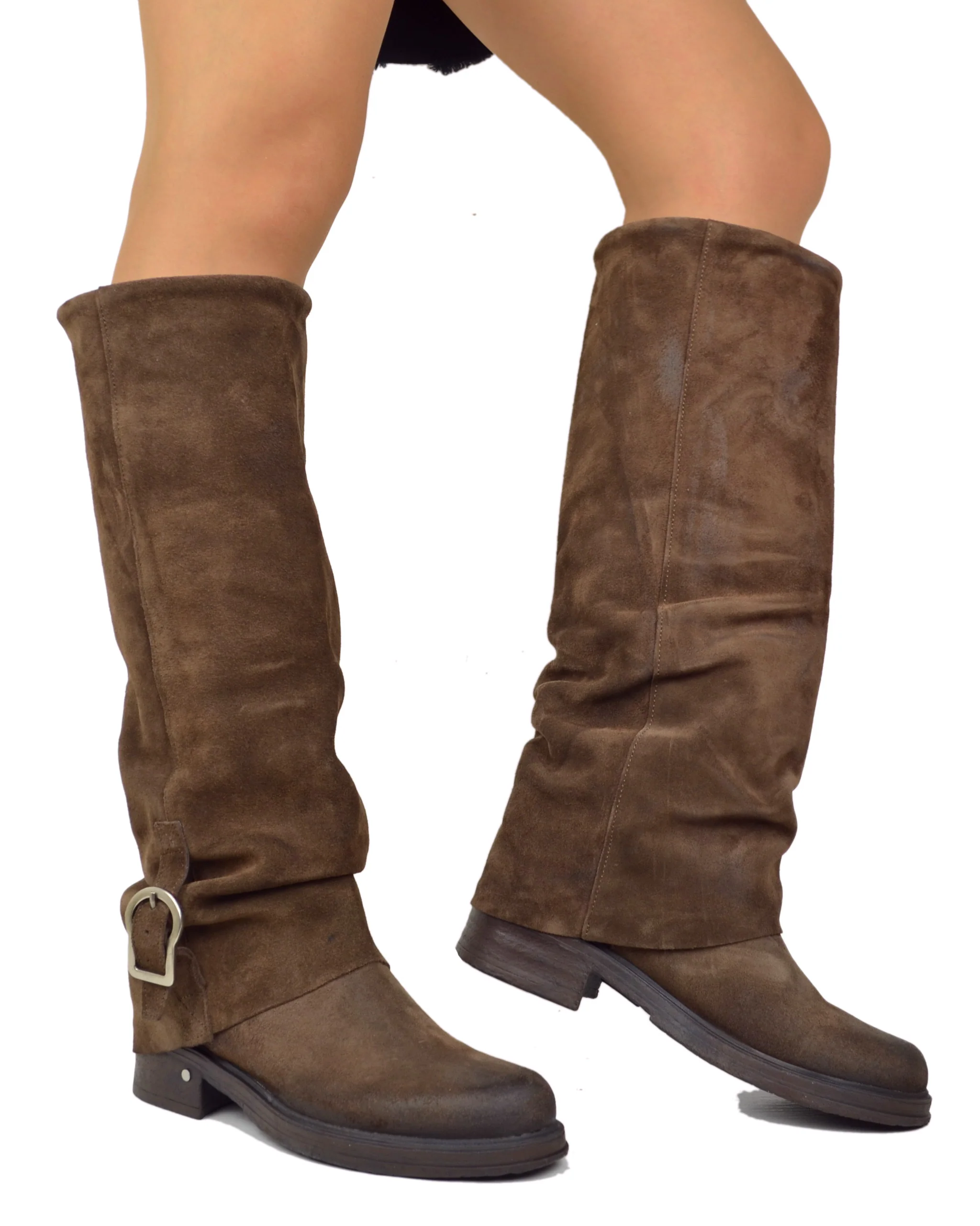 Stivali Biker Con Ghetta Fibbia Pelle Scamosciata Cioccolato Marroni KikkiLine - immagine 6