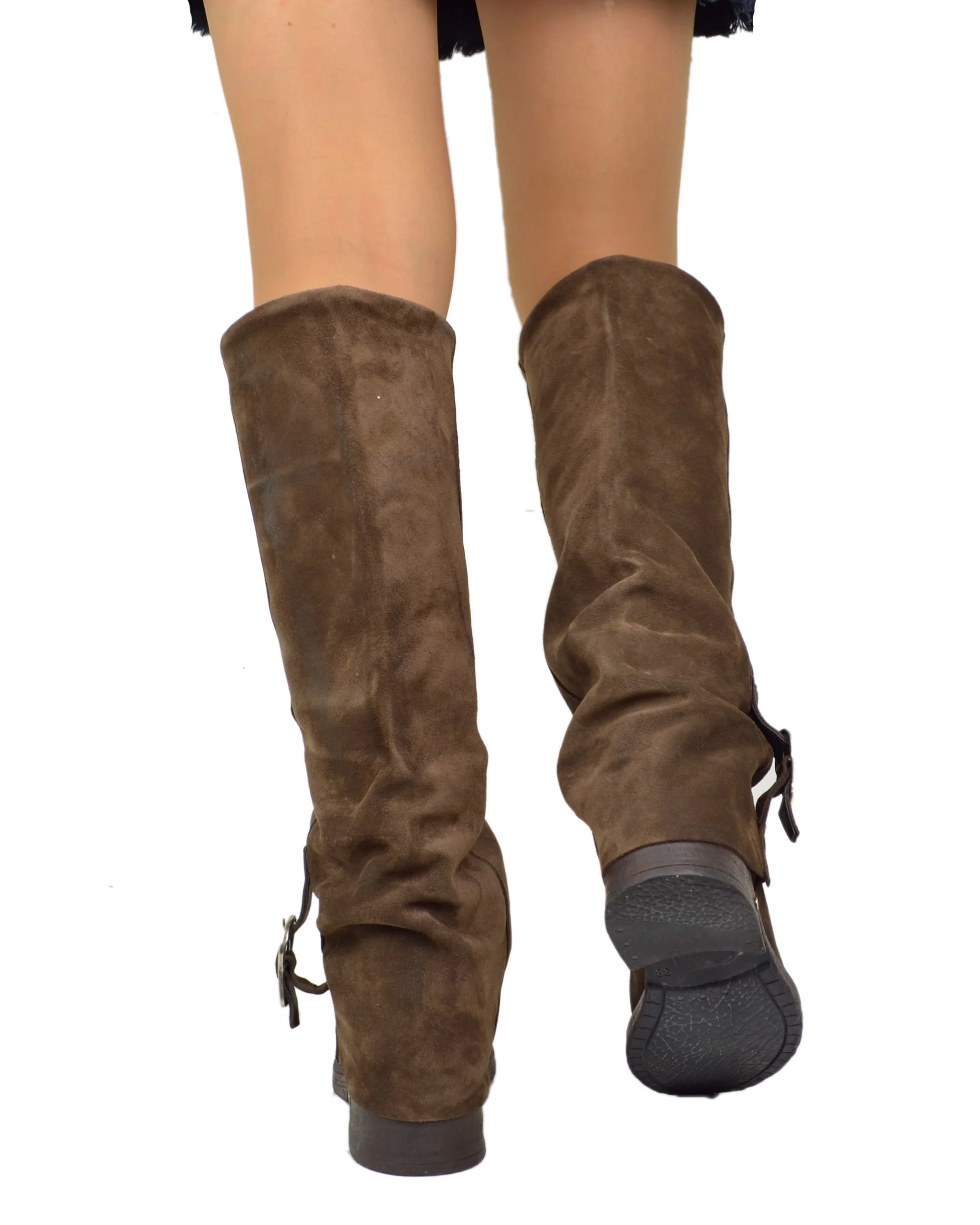 Stivali Biker Con Ghetta Fibbia Pelle Scamosciata Cioccolato Marroni KikkiLine - immagine 4