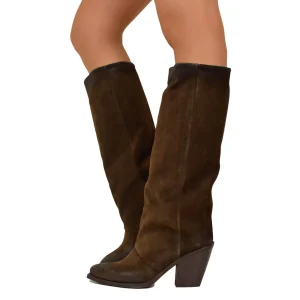 Texani Alti con Ghetta Pelle Scamosciata Tacco Alto Marrone