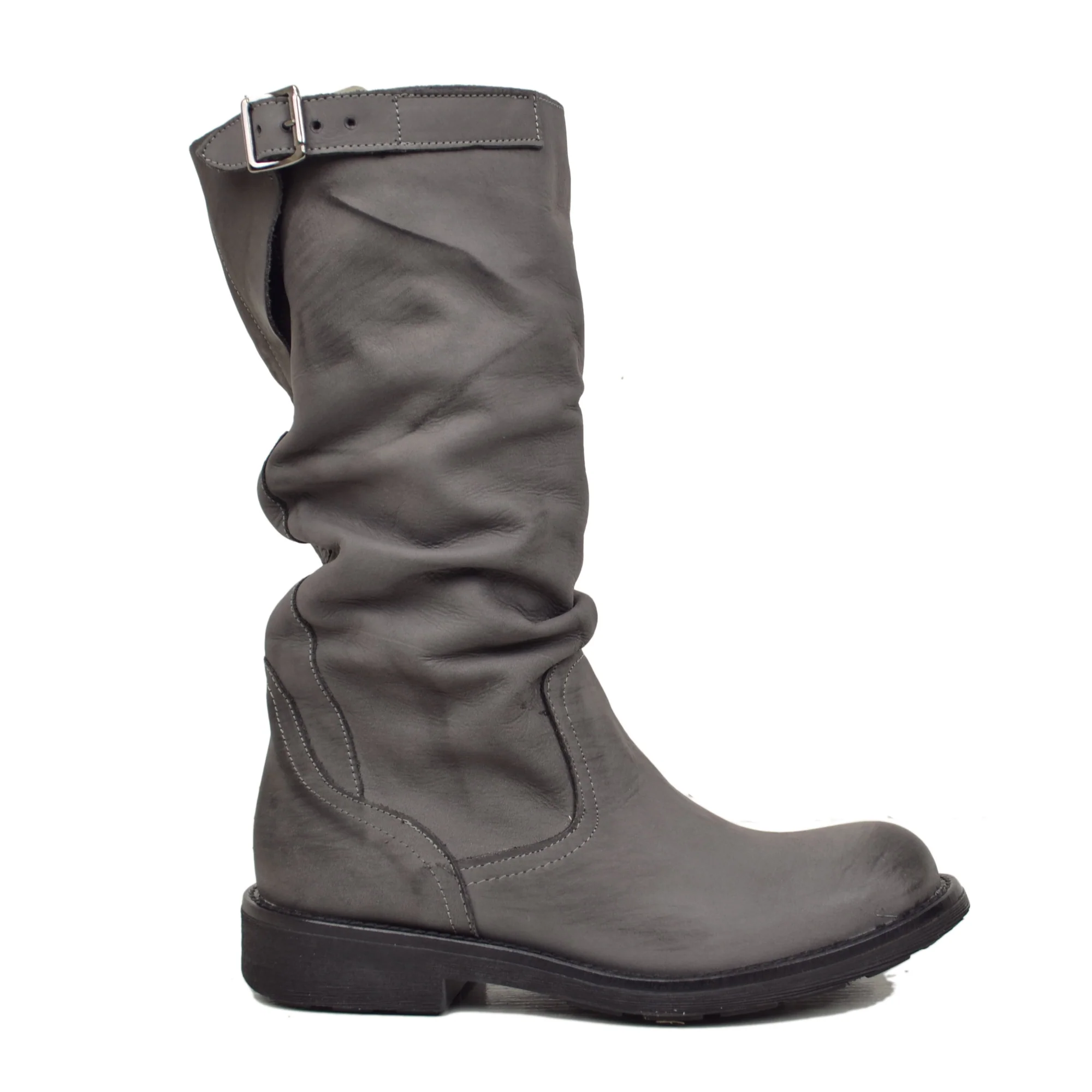 Stivali Biker Boots a Metà Polpaccio in Pelle Vintage Grigio - immagine 3