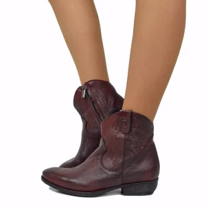 Stivaletti Donna Texani in Pelle color Burgundy Effetto Used