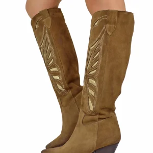 Texani con Intagli a Farfalla Dorati Vero Camoscio Tacco 7 cm