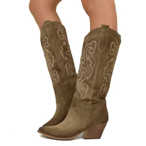 Stivali Texani Taupe Vera Pelle Scamosciata Gambale Trapuntato Tacco Medio