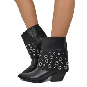 Stivaletti con Ghetta e Borchie Argentate alla Caviglia vera Pelle Tacco 7 cm