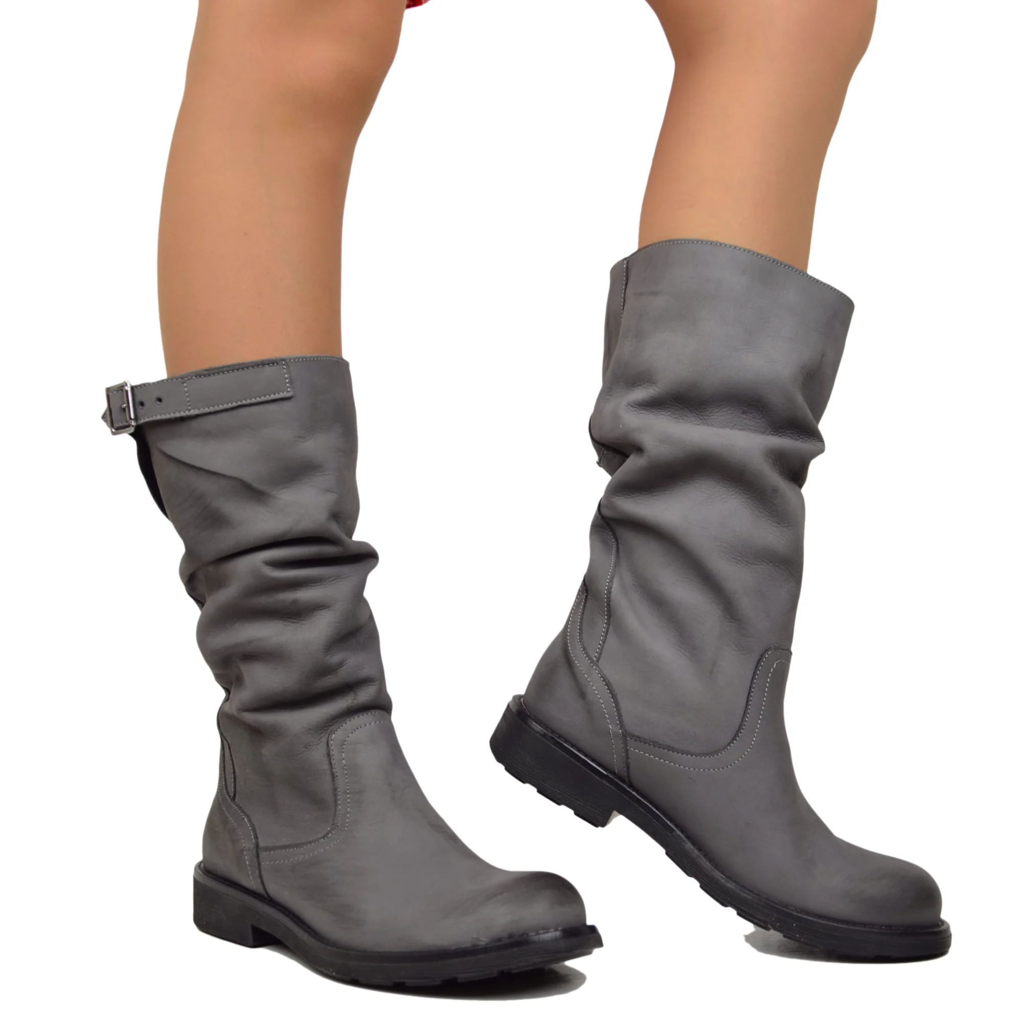 Stivali Biker Boots a Metà Polpaccio in Pelle Vintage Grigio - immagine 6