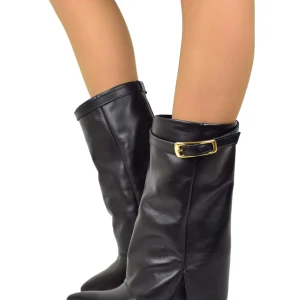Stivaletti con Ghetta e Fibbia Dorata Zeppa Alta 9 Cm VERA PELLE