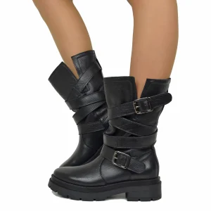 Biker Boots Donna in Pelle Bottalata Made in Italy con Fibbie