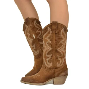 Stivali Texani Traforati in Pelle Scamosciata Cuoio con Zip