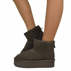 Stivaletti Platform Cioccolato in Pelle Scamosciata Imbottiti in Vera Lana