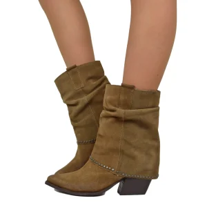 Texanini con Ghetta Borchiati alla Caviglia Scamosciati Artigianali Taupe