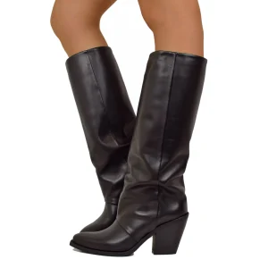 Texani Alti da Cowboy con Ghetta Pelle Liscia Tacco Alto Neri