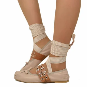 Ballerine Schiava color Cipria in Tessuto Satin e  Nappa DIVINE FOLLIE Punta Quadrata