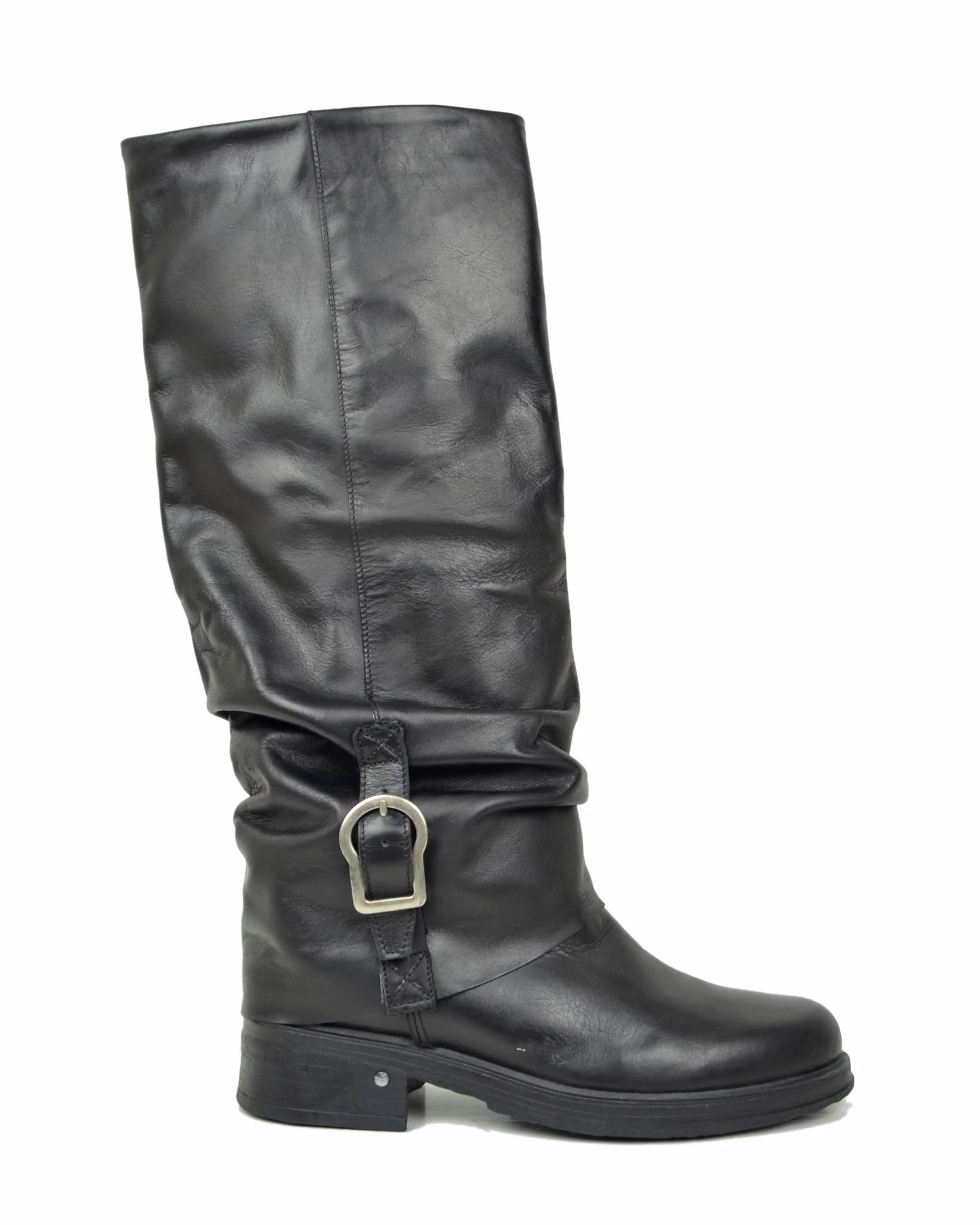 Stivali Biker Con Ghetta Fibbia Argento Vera Pelle Alti Moto KikkiLine - immagine 3