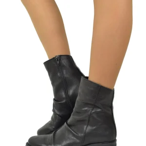 Stivaletti Plissettati Vera Pelle Neri Punta Tonda alla Caviglia Gomma Morbida