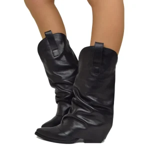 Texanini in Vera Pelle Gambale Medio Neri con Ghetta Tacco 7 Cm